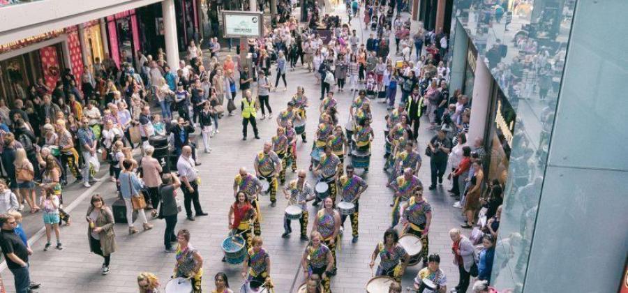 Katumba, community samba band drumming in Liverpool One